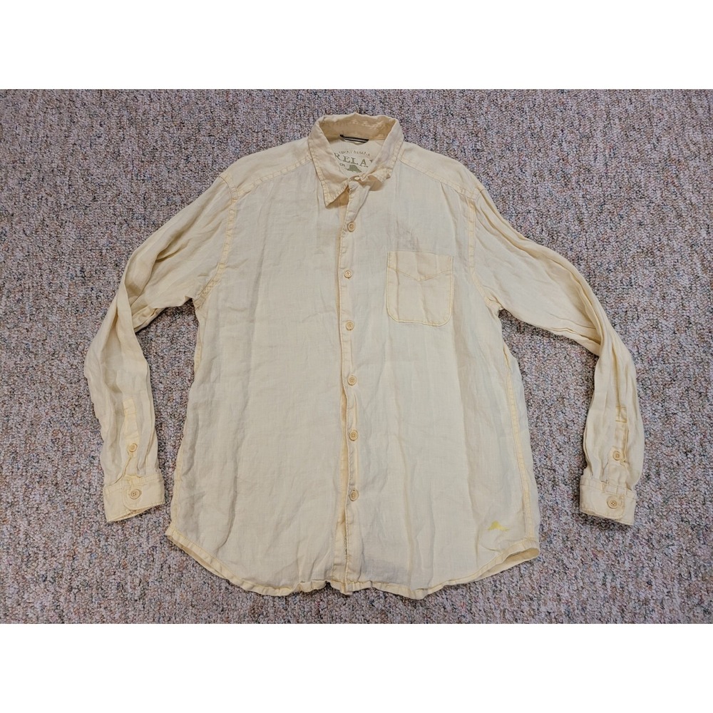 Tommy‎ Bahama Relax Shirt Mens Large Yellow 100% Linen Button Front Casual Beach